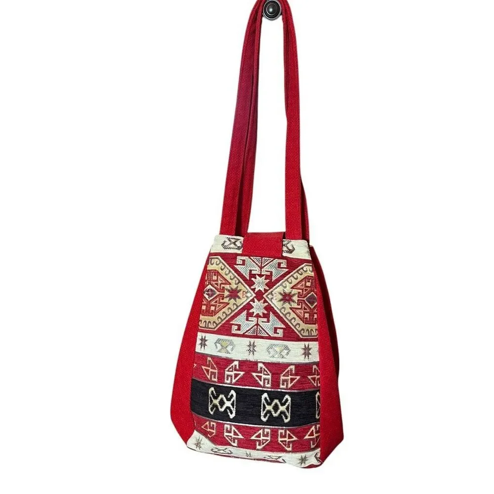 Kilim Tapestry‎ Red Folk Art Evil Eye Magnetic & Zip Shoulder Bag